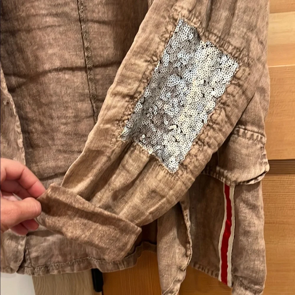 Nu Vintage Linen Brown Blazer with Graphic Design, sequin patches - Picture 4 of 5
